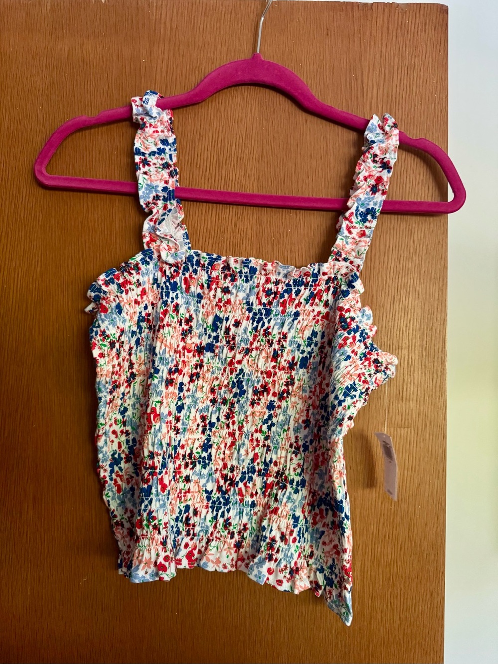 Smocked Floral Tank Top - White with Red & Blue Floral Print